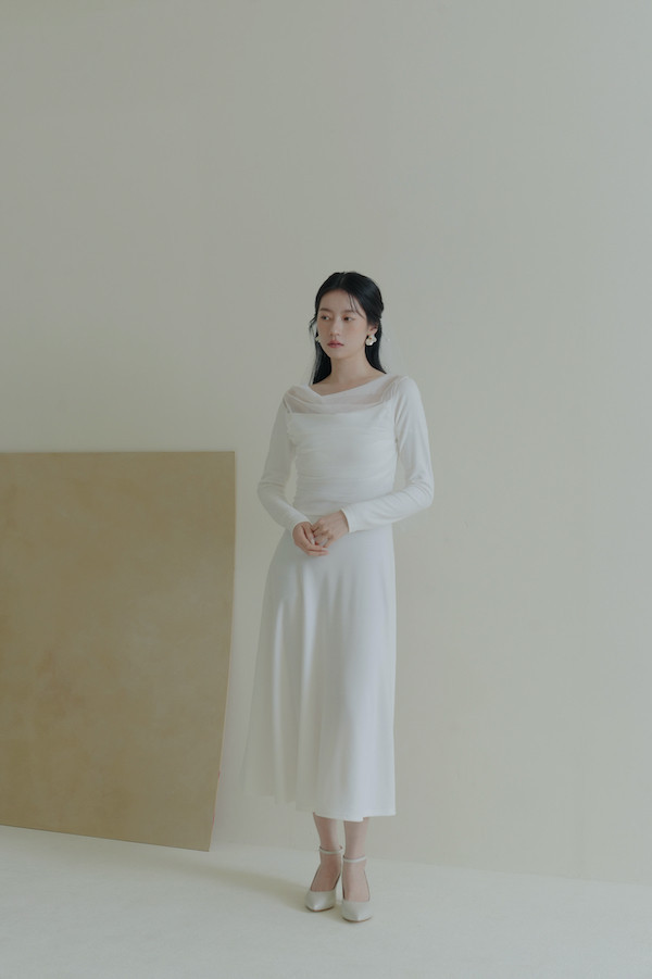 垂領抓褶網紗長洋裝(白) 