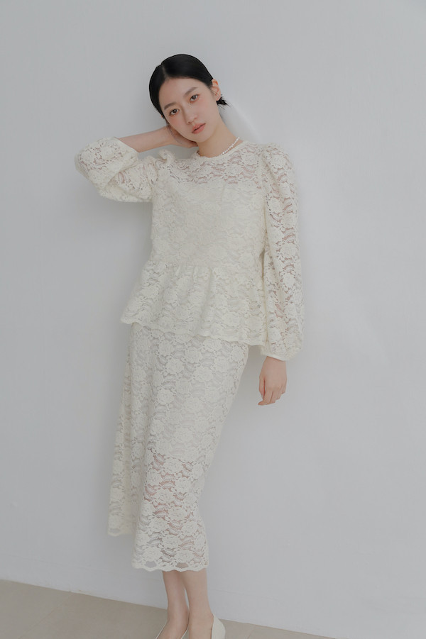 【SALE】法式棉質蕾絲窄裙(米白) 