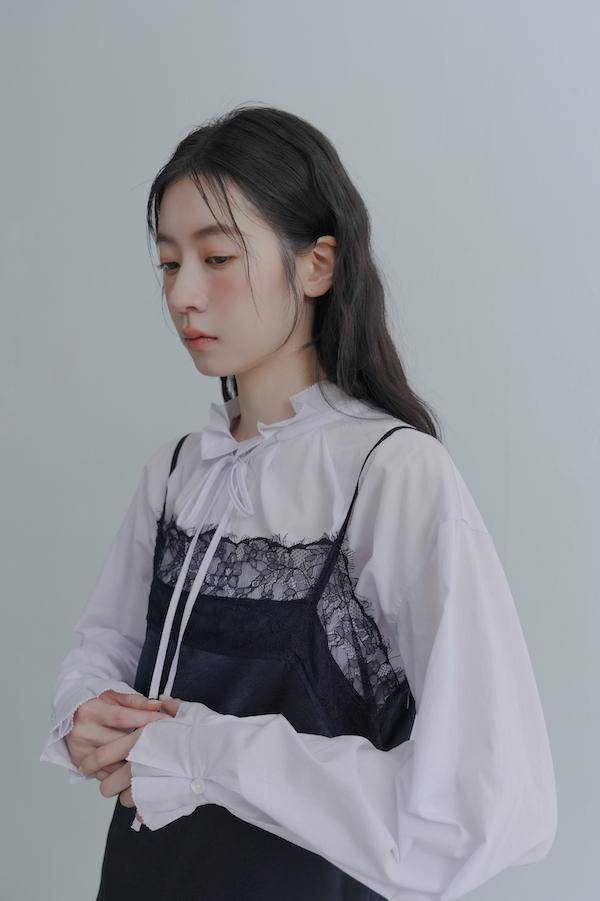 法國蕾絲肩帶緞面裙(黑) 