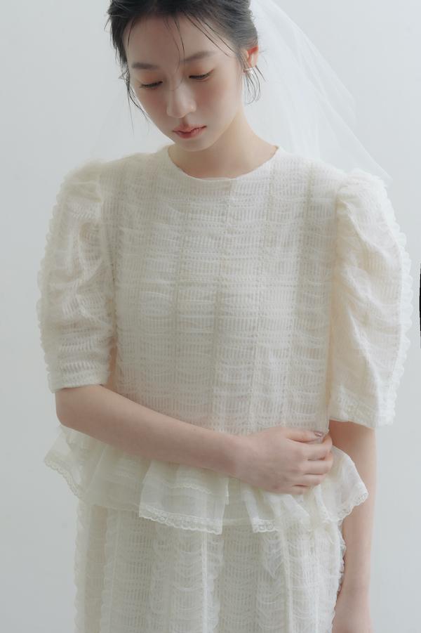 方格紋泡泡五分袖輕婚紗(白) 