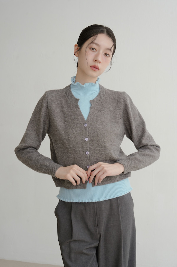 假兩件式木耳邊針織上衣(藍灰) 