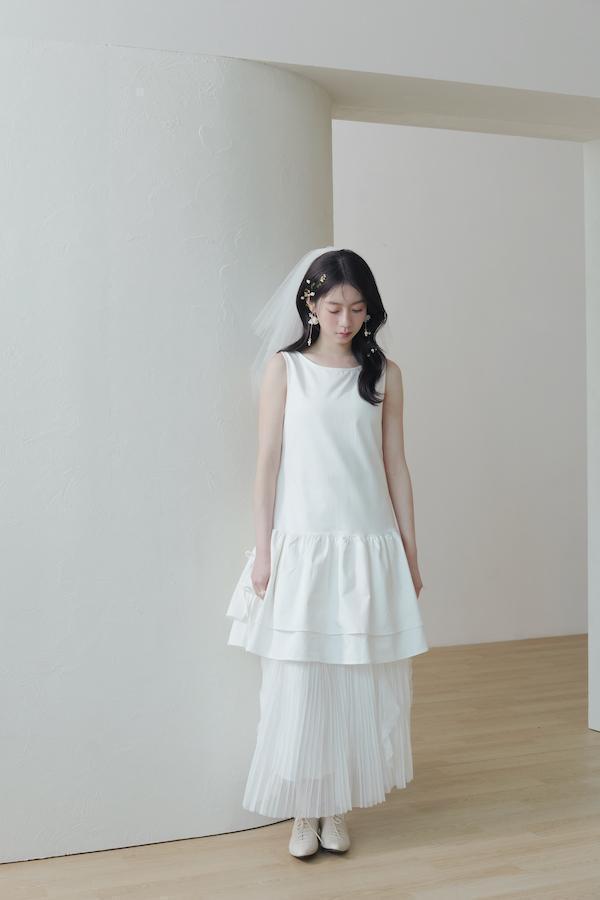 快閃-層次下襬側邊綁帶背心裙(白) 