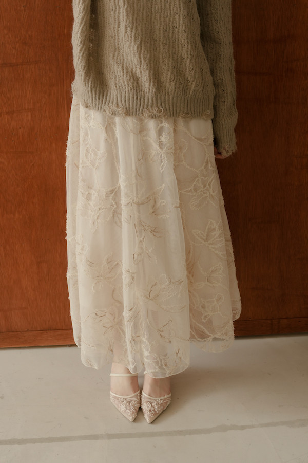 刺繡蕾絲網紗長裙(米) 