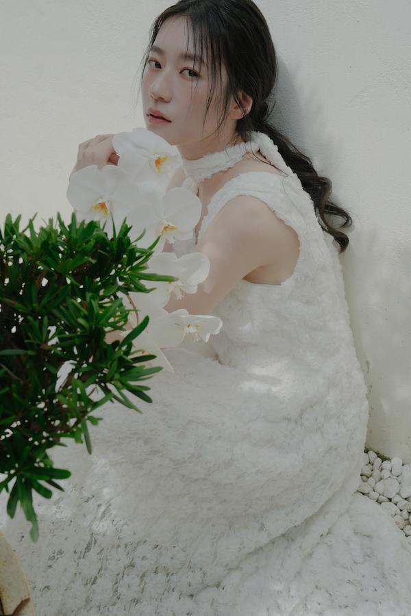 立體花朵蕾絲Ｖ領輕婚紗(白) 
