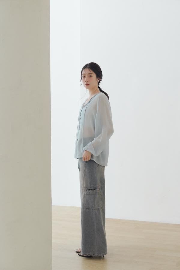 快閃-微透肌直紋天絲上衣(淺藍) 