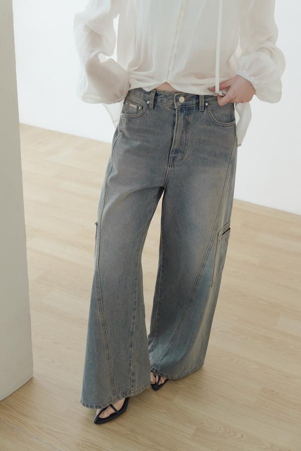 仿舊水洗落地牛仔寬褲(藍) 
