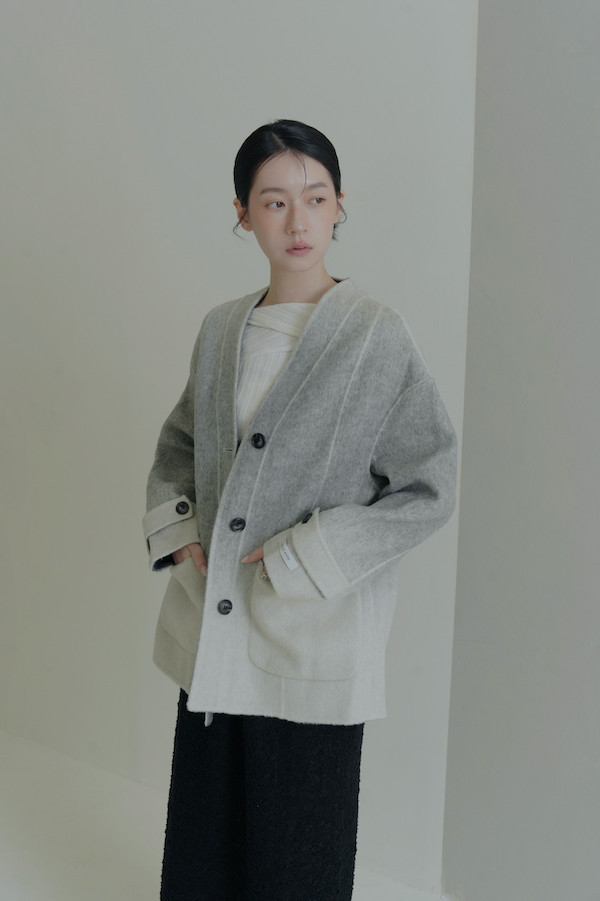 漸層大口袋純羊毛大衣(灰) 
