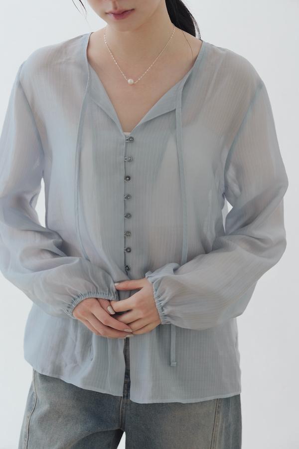 快閃-微透肌直紋天絲上衣(淺藍) 