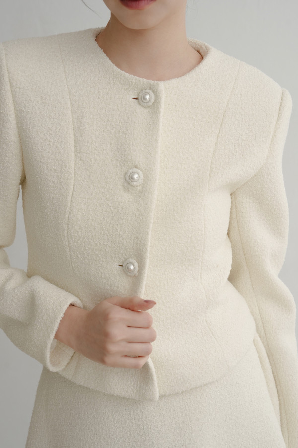 無領小香風長袖外套(白) 