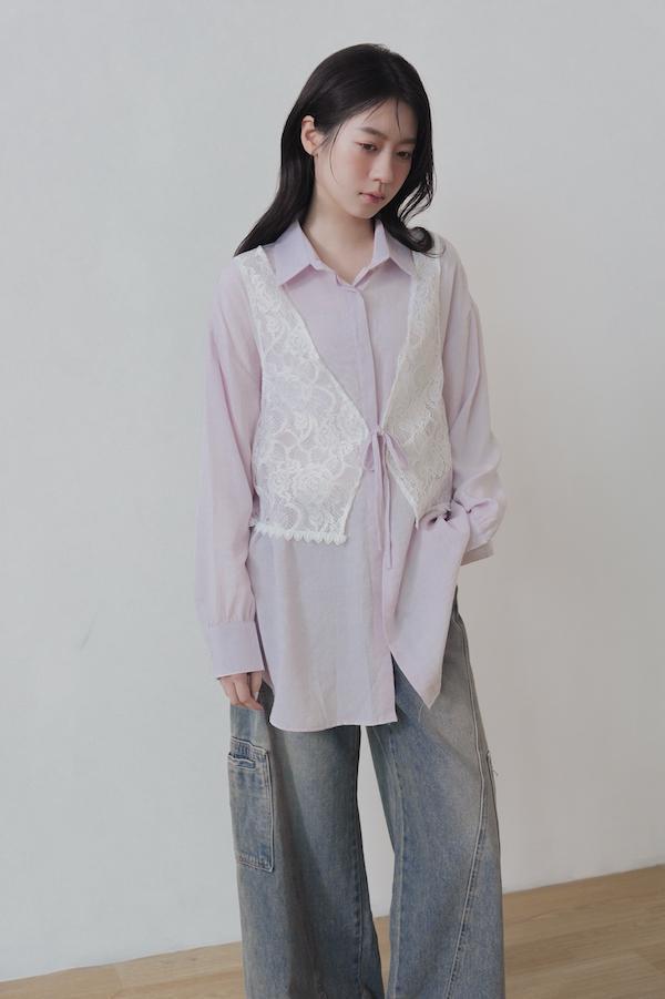 快閃-拼接蕾絲背心日感襯衫(淺紫) 