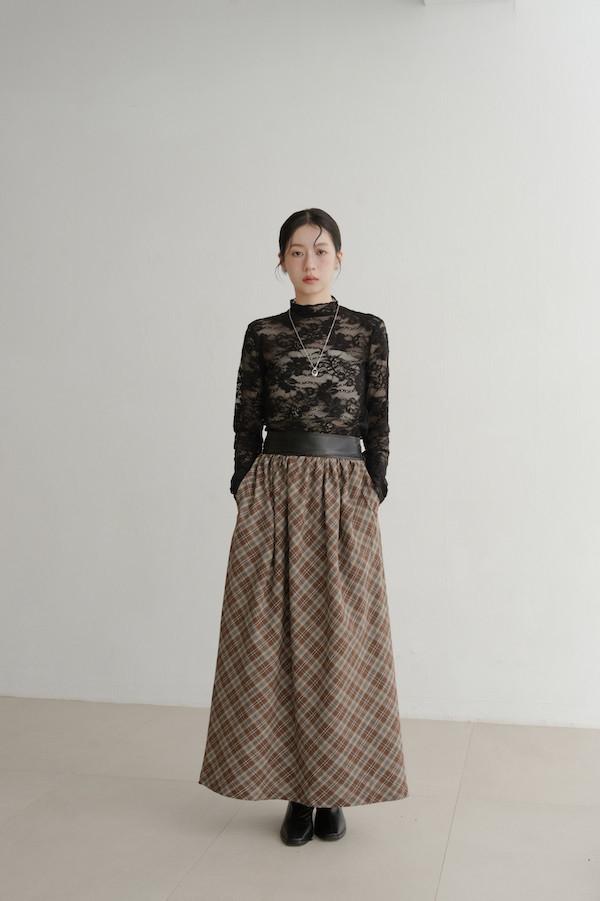 皮革腰封格紋長裙(咖) 
