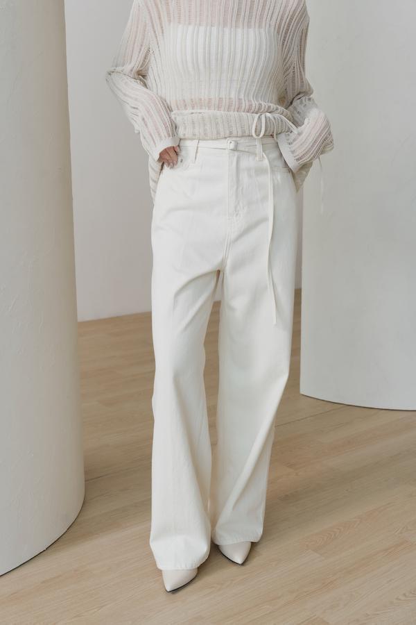 快閃-附繫帶簡約白色牛仔褲(米白) 