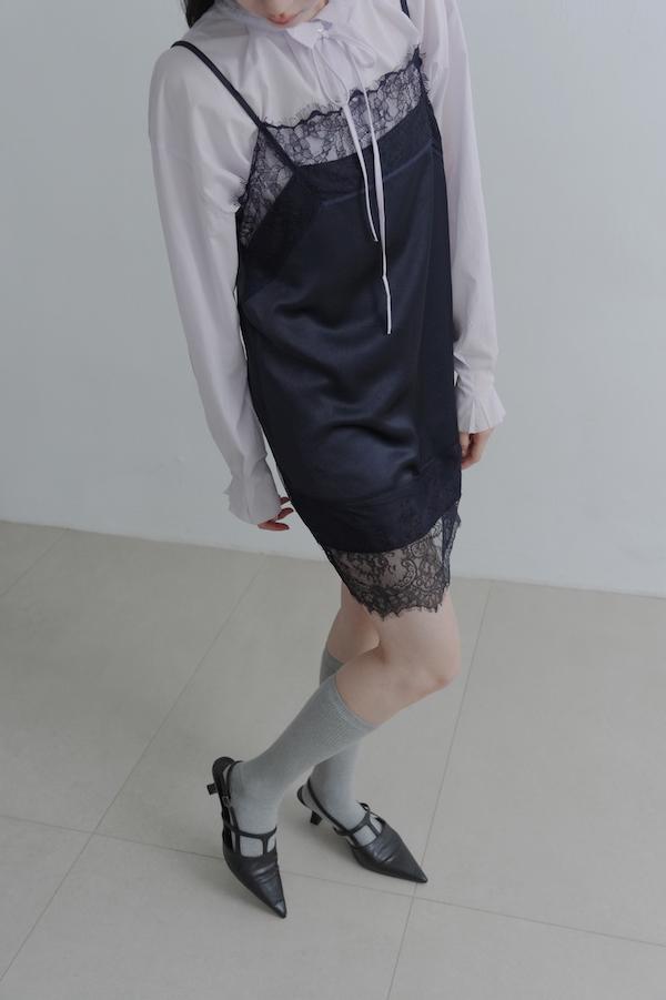 法國蕾絲肩帶緞面裙(黑) 