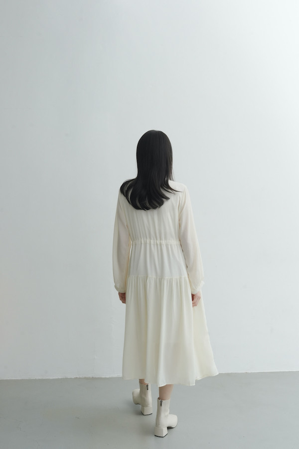 腰部抽繩雪紡長洋裝(米白) 