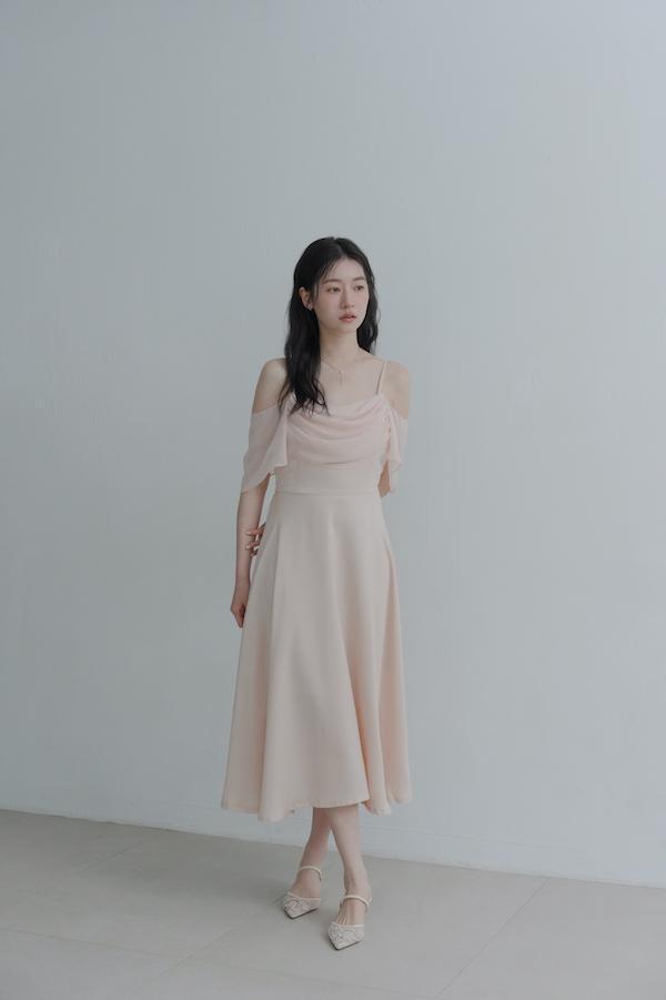 垂領卡肩雪紡洋裝(淺粉) 