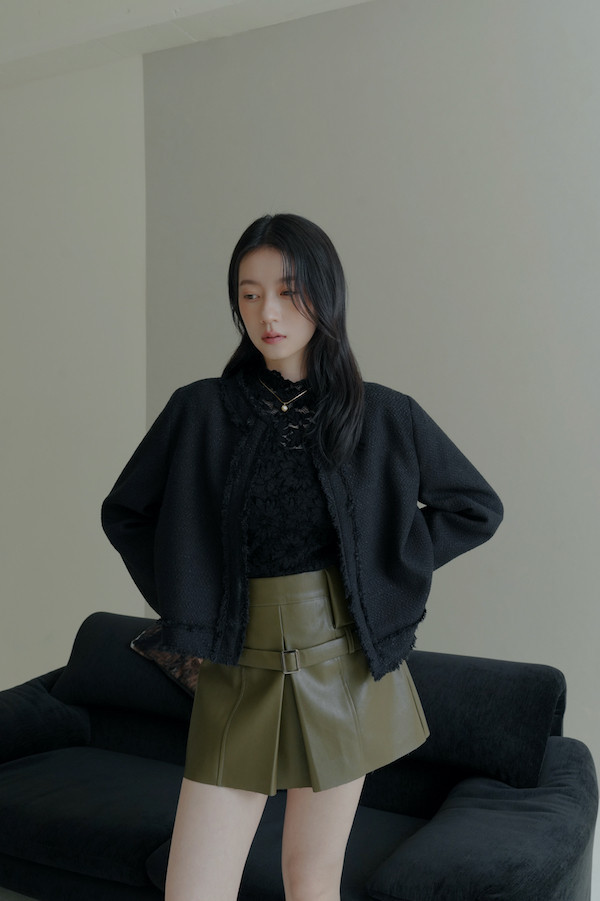 無領毛毛鬚邊外套(黑) 