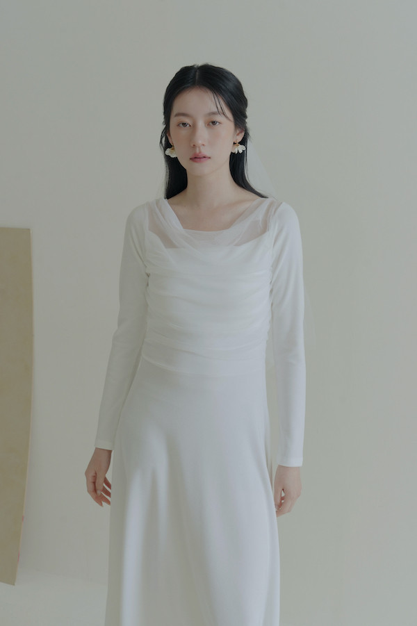 垂領抓褶網紗長洋裝(白) 