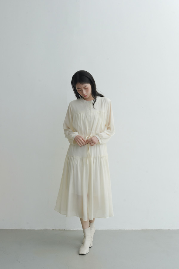 腰部抽繩雪紡長洋裝(米白) 