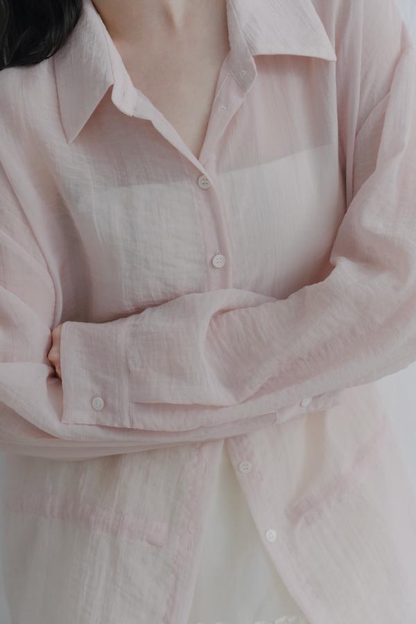 腰部抽繩微透感襯衫(粉) 