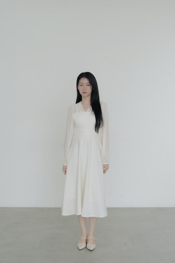 V領雪紡透膚長洋裝(白) 