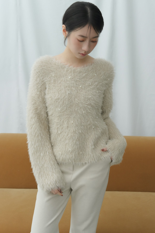 水鑽珍珠閃亮毛毛上衣(杏) 