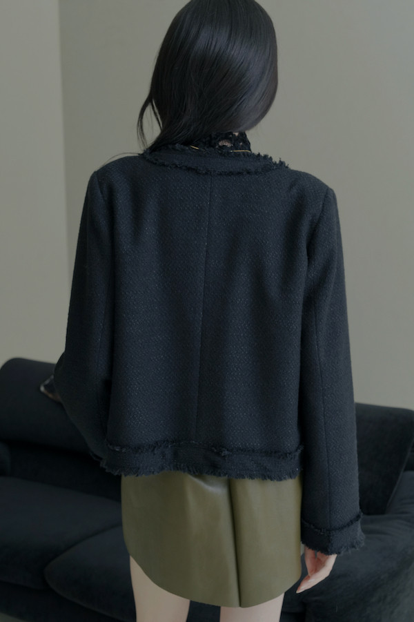 無領毛毛鬚邊外套(黑) 