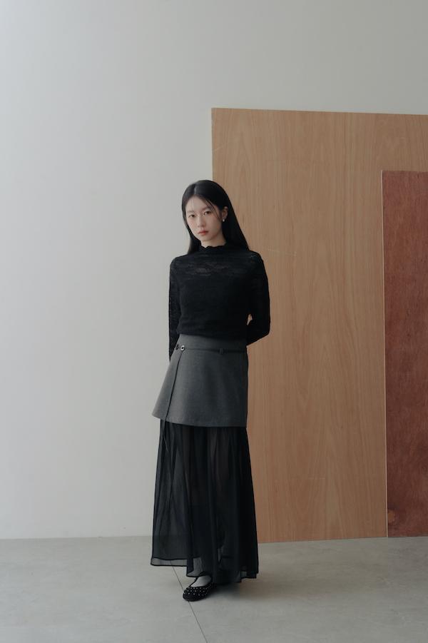 包領花朵蕾絲上衣(黑) 