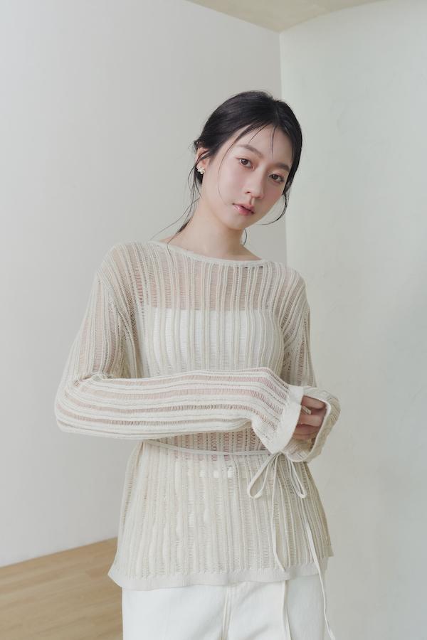 直條紋洞洞針織上衣(杏) 