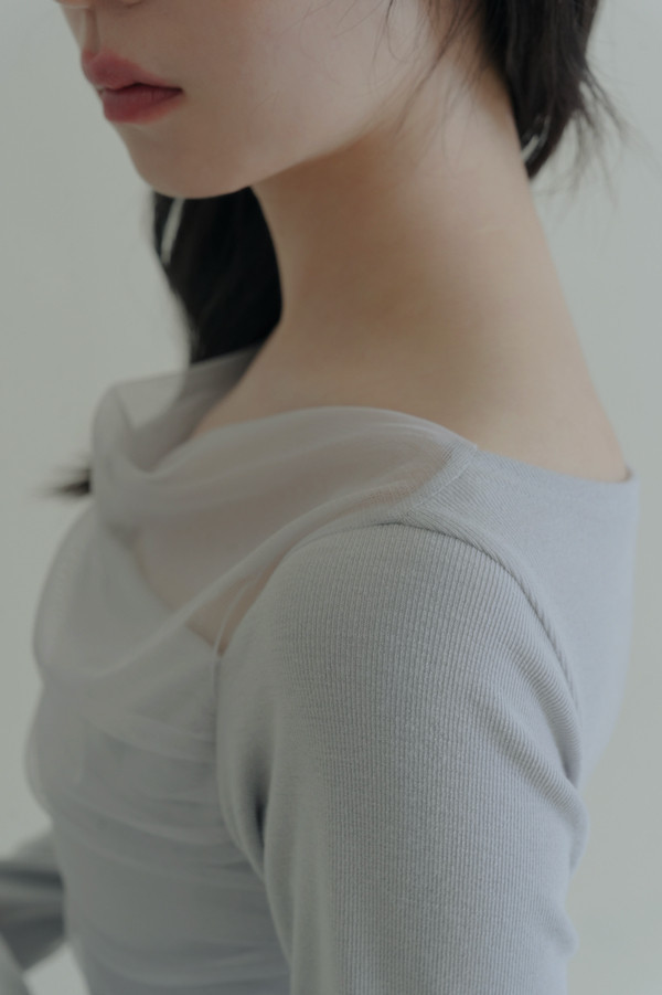 垂領抓褶網紗長洋裝(淺藍) 