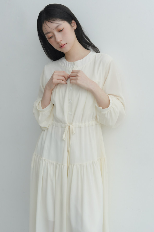 腰部抽繩雪紡長洋裝(米白) 