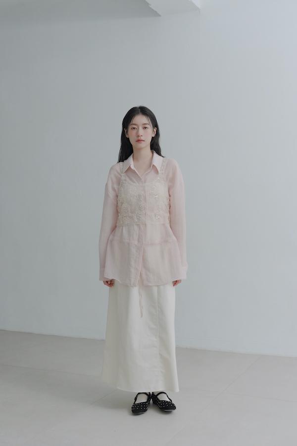 口袋設計A字牛仔裙(米白) 