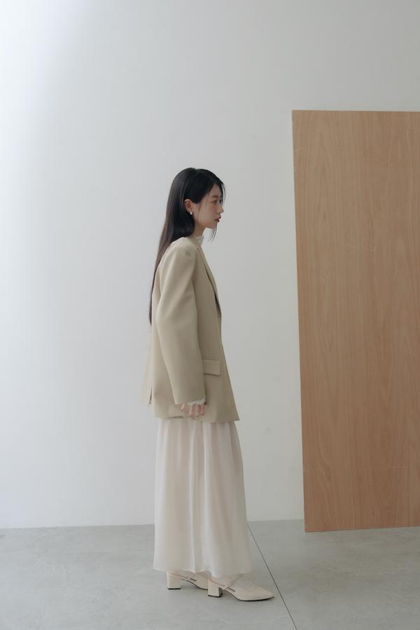 拼接透紗設計感長裙(米白) 