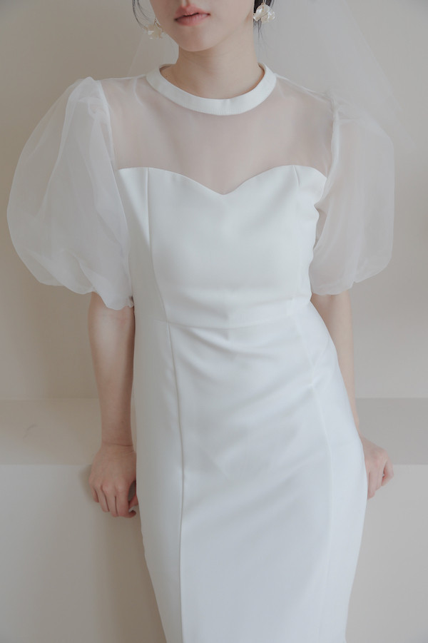 泡泡袖小魚尾輕婚紗(白) 