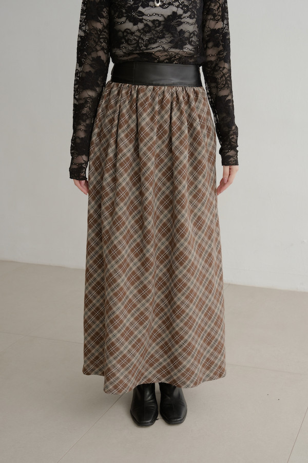 皮革腰封格紋長裙(咖) 