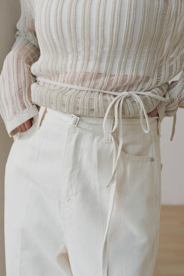 快閃-附繫帶簡約白色牛仔褲(米白) 