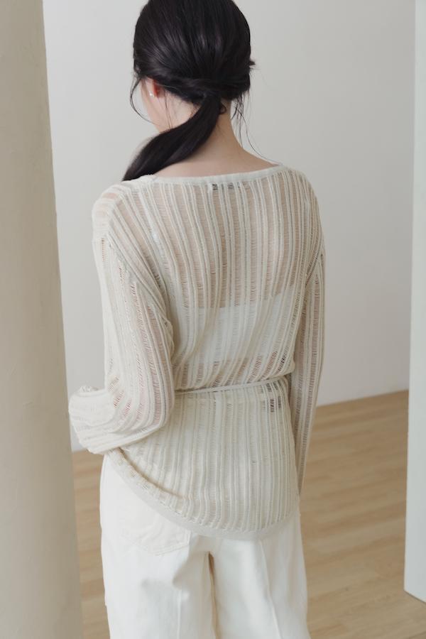 直條紋洞洞針織上衣(杏) 