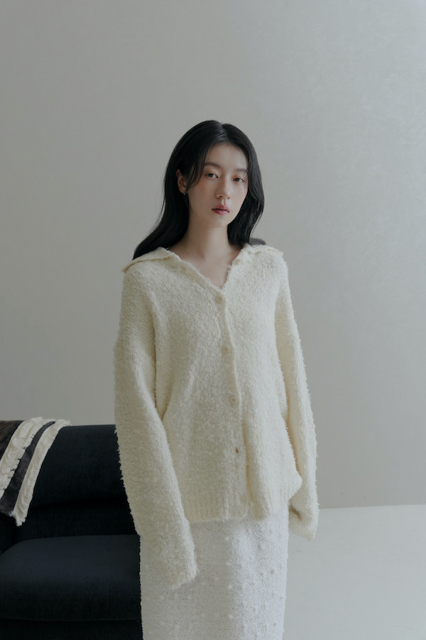 翻領線圈針織上衣(白) 