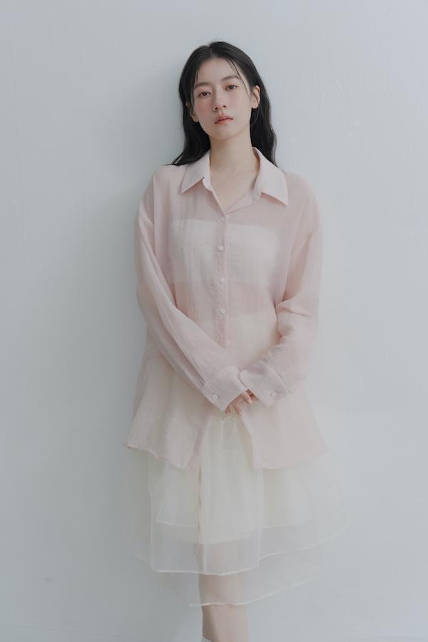 腰部抽繩微透感襯衫(粉) 