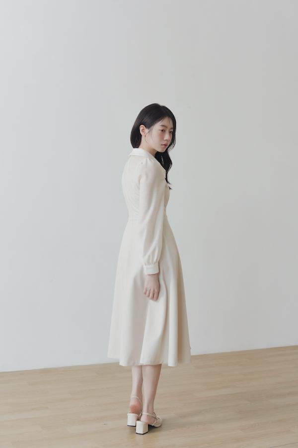 襯衫領微透肌長洋裝(杏) 