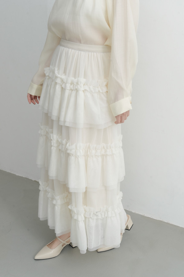 多層次網紗造型長裙(白) 