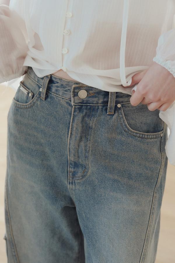 快閃-仿舊水洗落地牛仔寬褲(藍) 