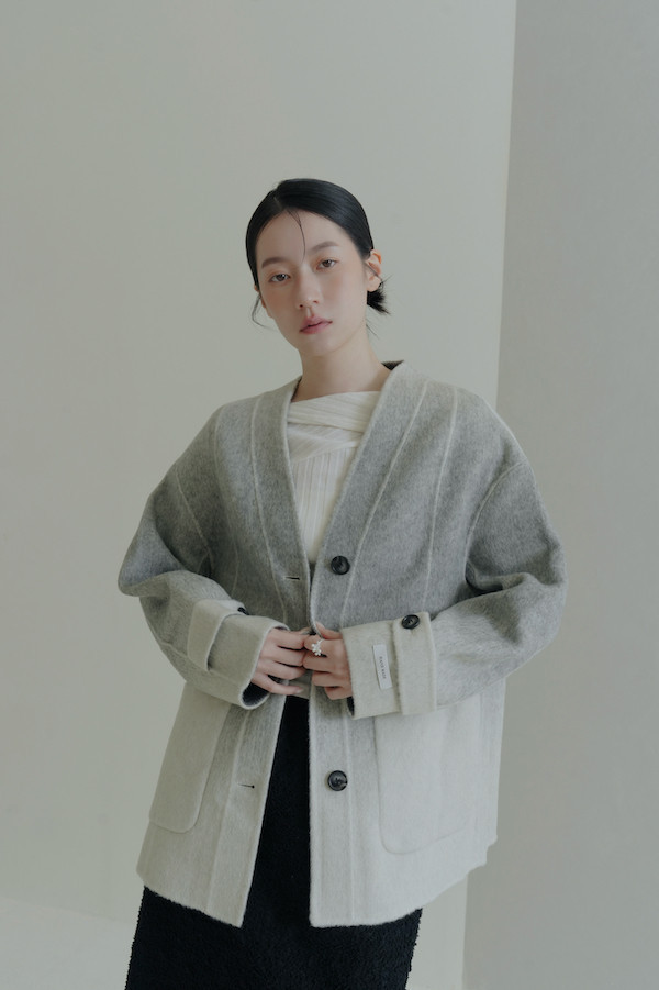 漸層大口袋純羊毛大衣(灰) 