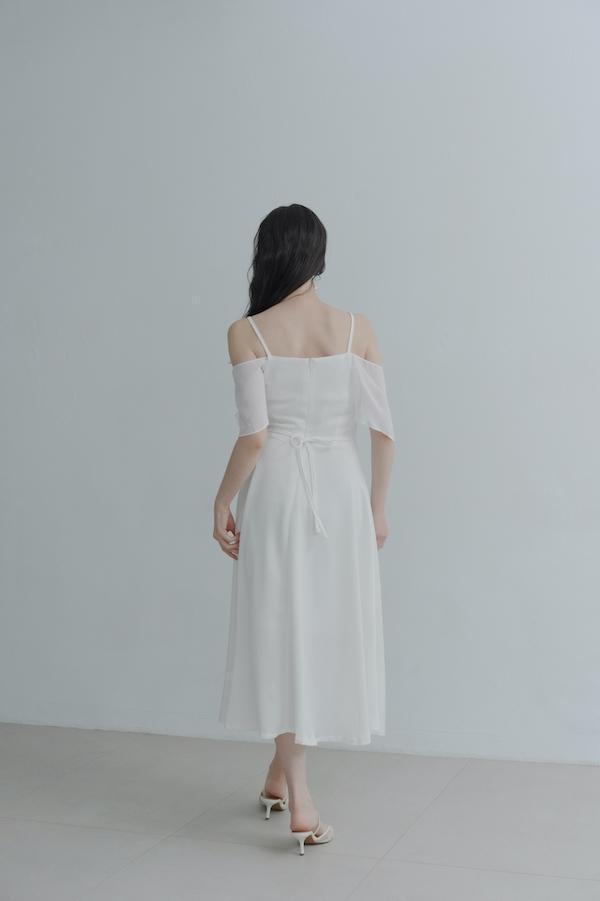 垂領卡肩雪紡洋裝(白) 