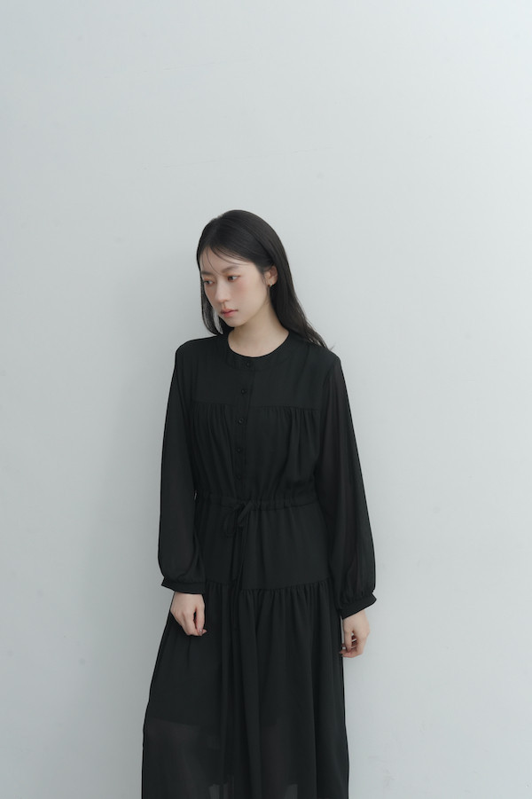腰部抽繩雪紡長洋裝(黑) 