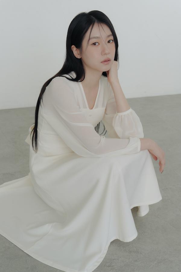 V領雪紡透膚長洋裝(白) 