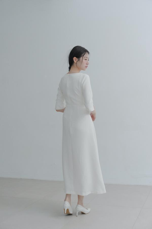 法式方領五分袖輕婚紗(白) 