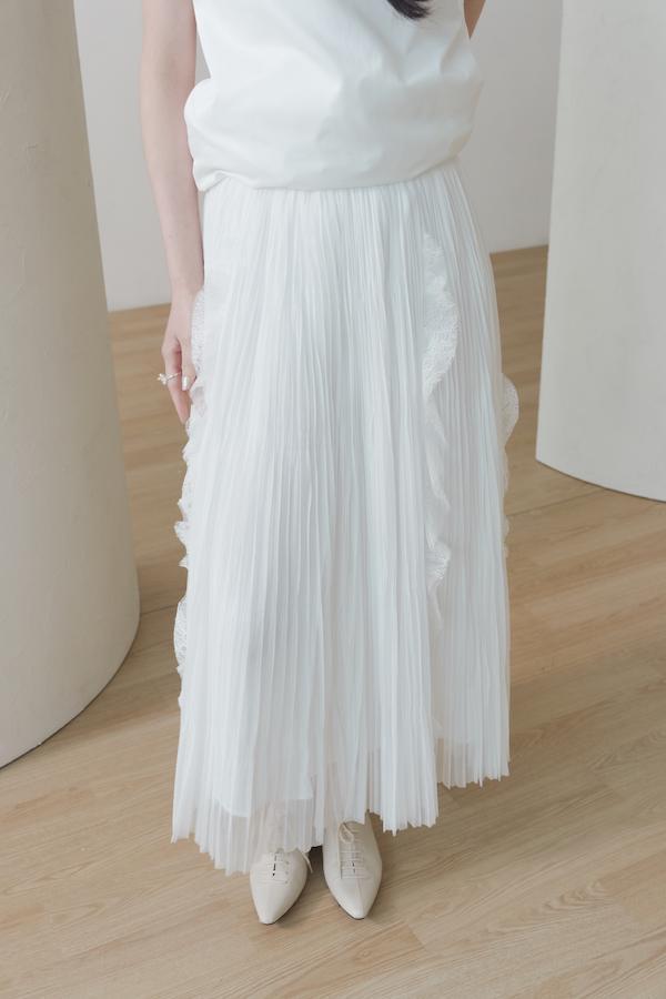 細百褶紋理蕾絲長裙(白) 