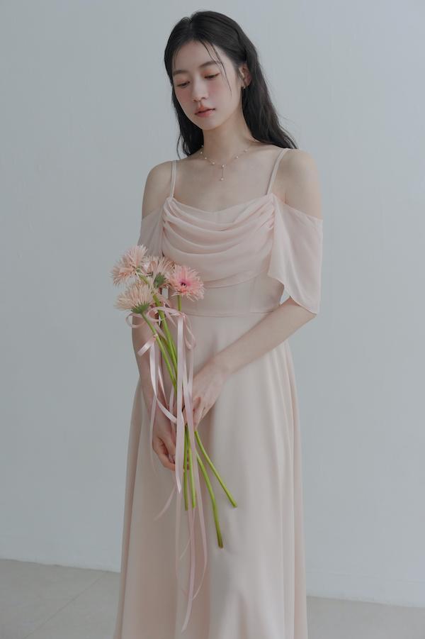 垂領卡肩雪紡洋裝(淺粉) 