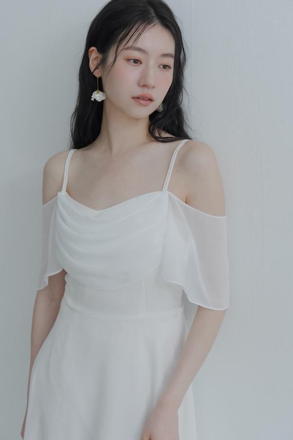 垂領卡肩雪紡洋裝(白) 