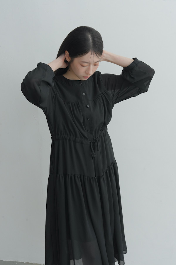 腰部抽繩雪紡長洋裝(黑) 